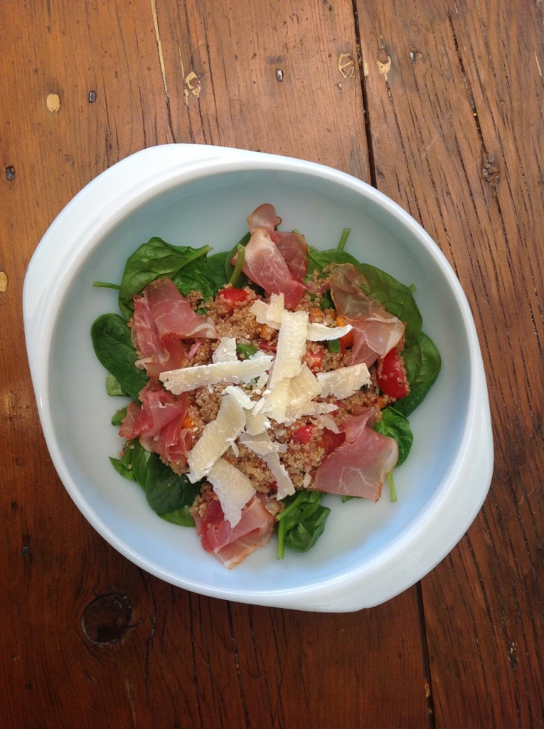 quinoa salad with speck ham and Romano