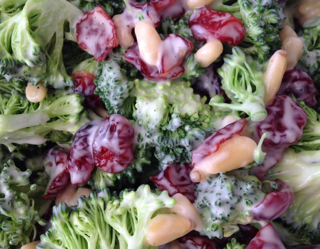 broccoli salad with dried cranberries, and pine nuts