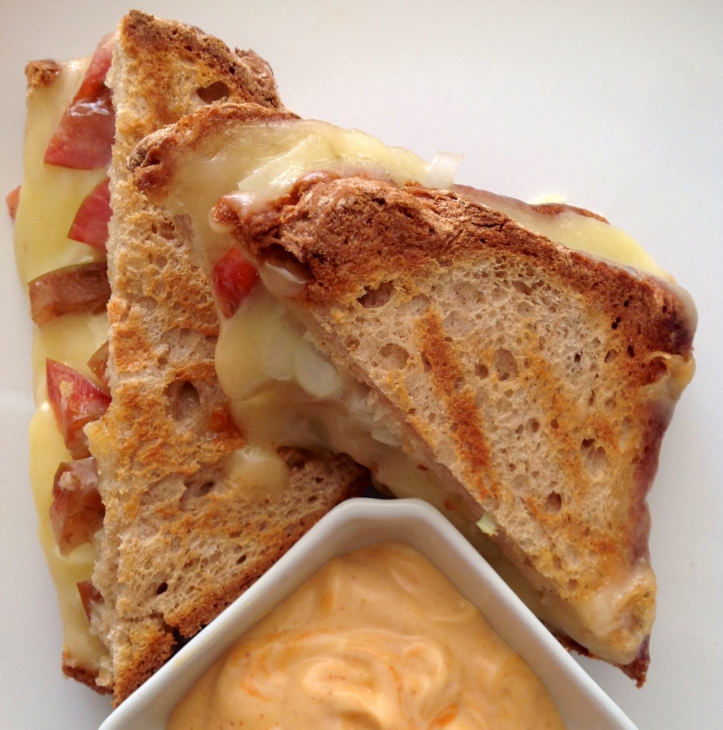 Grilled cheese sandwich with tomatoes and onions