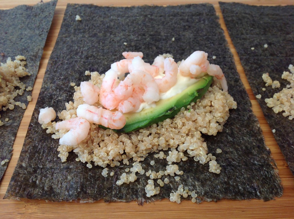 nori, with quinoa, avocado and shrimp